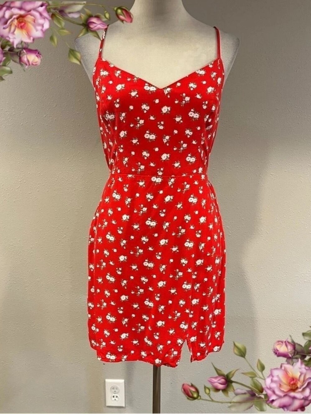 Red Floral Slip Dress with Spaghetti Straps